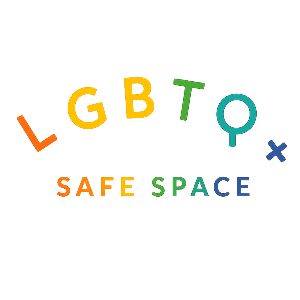 Colorful LGBTQ+ Safe Space logo with vibrant letters and symbols.