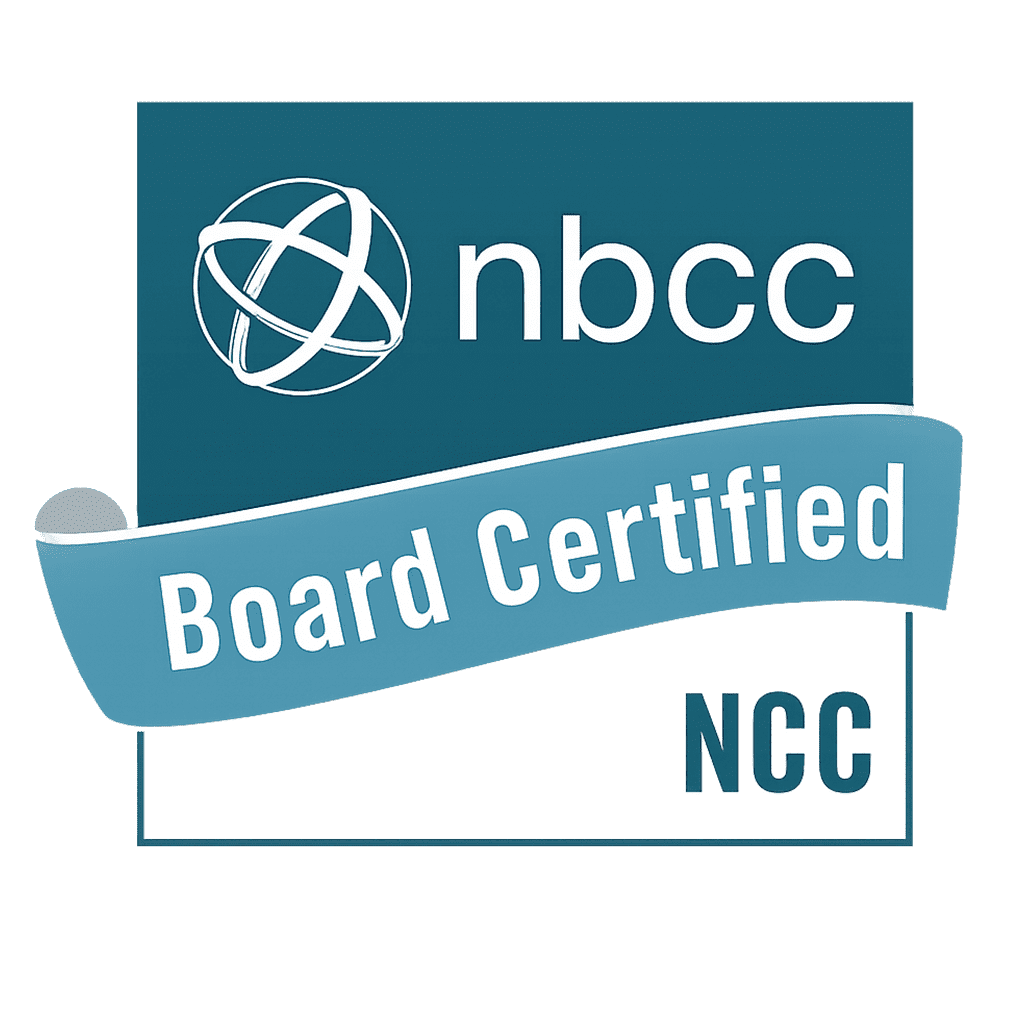 NBCC Board Certified NCC logo on a blue background.